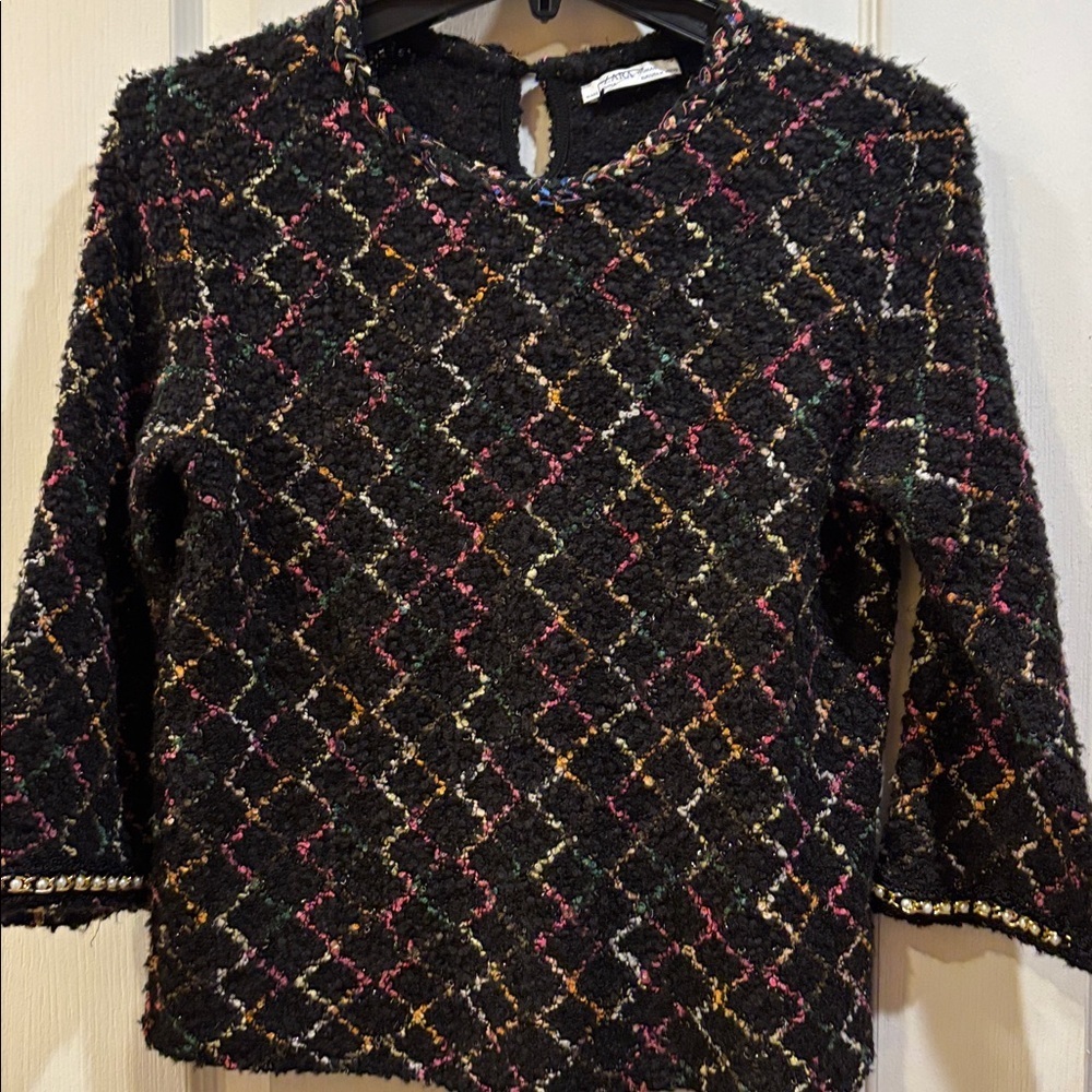 ZARA…BLACK SWEATER MULTI COLORED THREADING WITH ZIGZAG DESIGN DECORATIVE CUFF